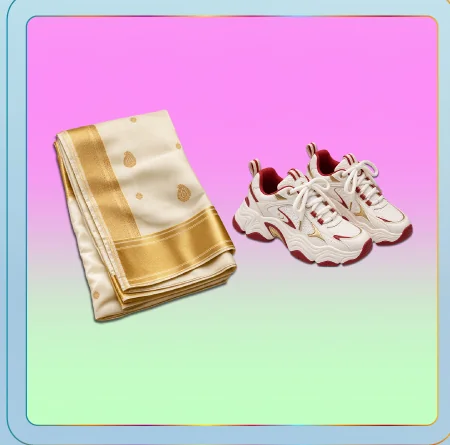 Folded silk saree beside chunky sneakers