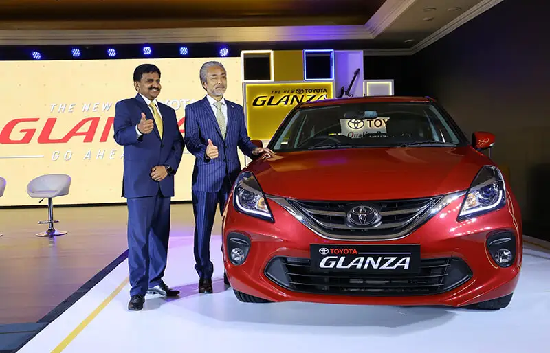 Mr. Masakazu Yoshimura, Managing Director, Toyota Kirloskar Motor & Mr. N. Raja, Deputy Managing Director, Toyota Kirloskar Motor, at the launch of Toyota Glanza