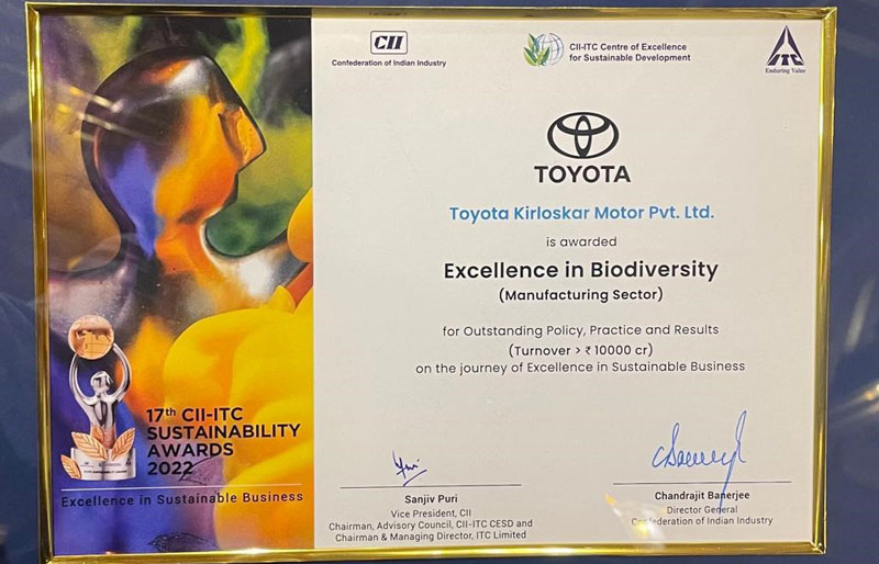  Toyota Kirloskar Motor honoured with CII-ITC Sustainability Awards 2022 for ‘Excellence in Biodiversity’